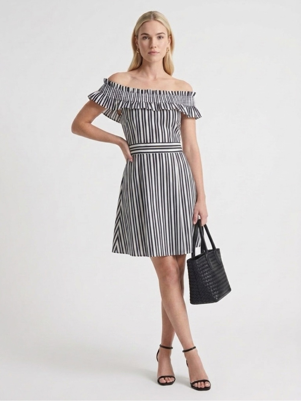 kate spade Black and White Striped One-Shoulder Ruffle Dress